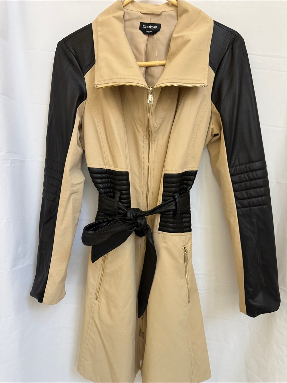 bebe Beige Trench Coat with Black Quilted Panels